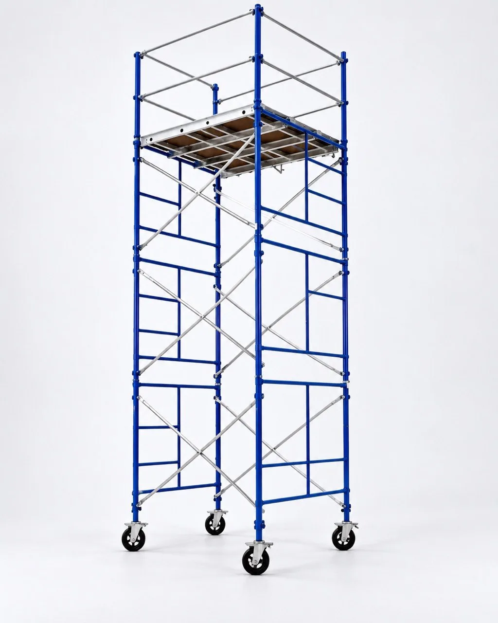 15-ft mason-style rolling scaffold tower with blue steel frames, cross braces, platform, guardrails and locking casters