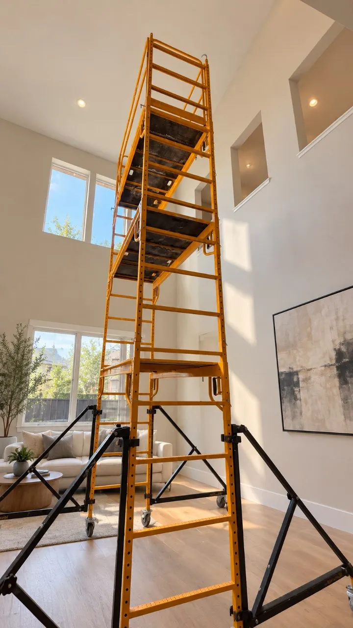 18-ft Baker-style rolling scaffold tower from Kireon with outriggers and locking casters in a two-story living room